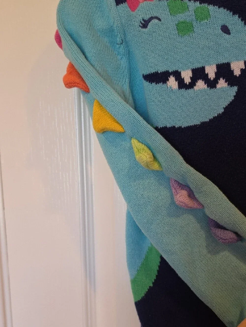 Gymboree, Size 10, Navy and Light Blue Dinosaur Theme Kids Sweater, 3D Sleeve